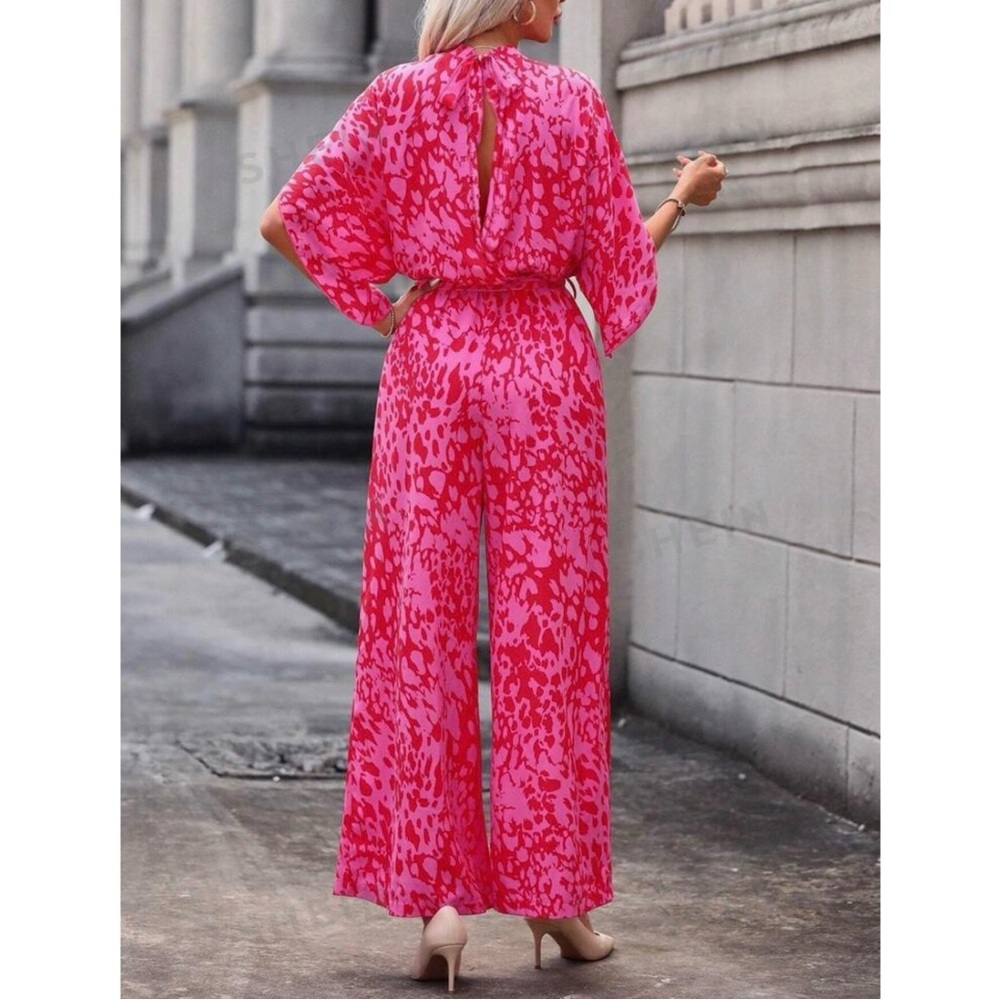 Hot Pink Batwing Sleeve Belted Wide Leg Jumpsuit - Picture 3 of 9